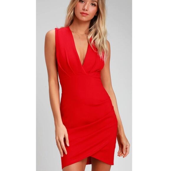 Lulus Cocktail Hour Red  V-Neck Wrap Pleated Bodycon homecoming Dress 
Medium - Picture 1 of 10